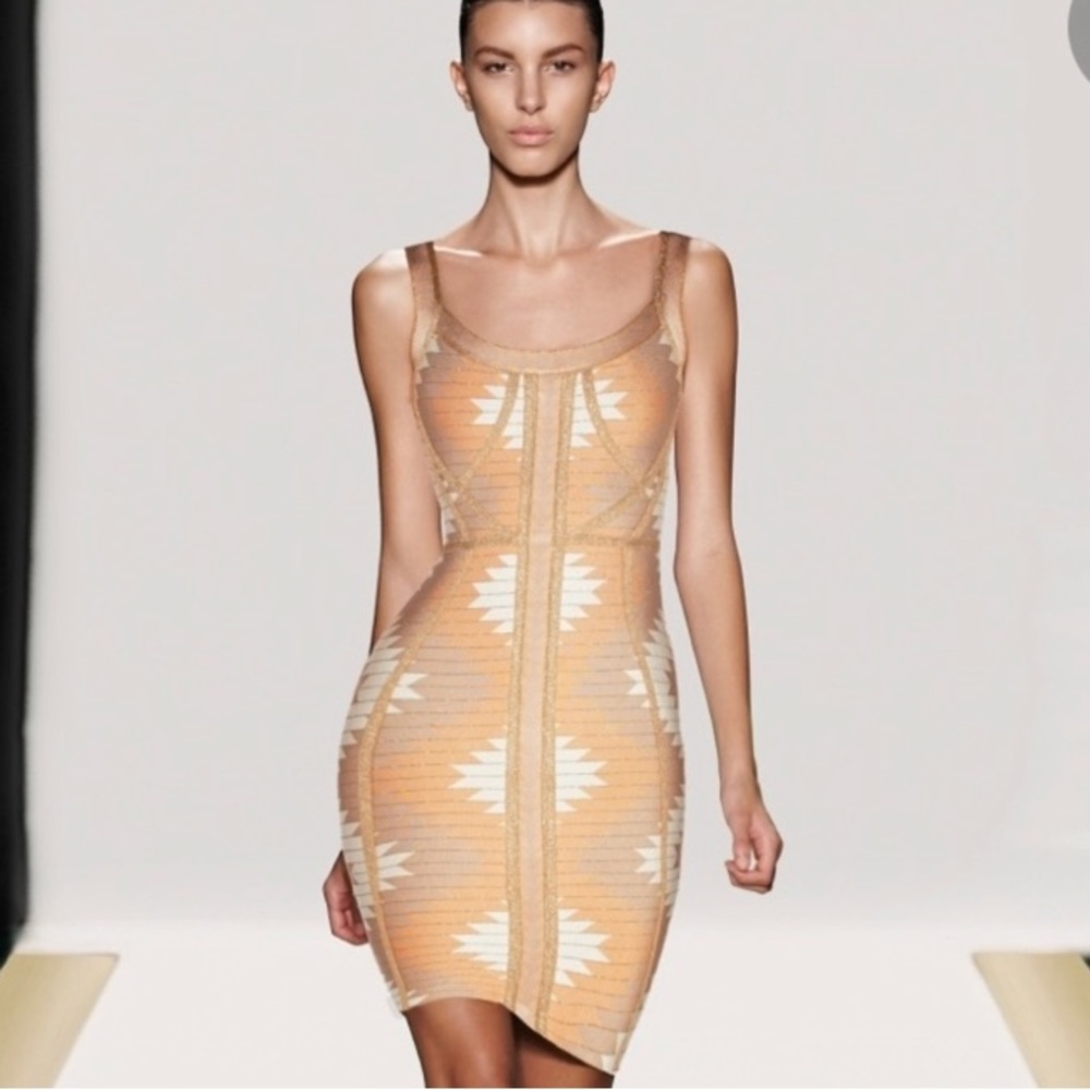 Herve Leger Beige, Metallic Gold, and White Bandage Dress